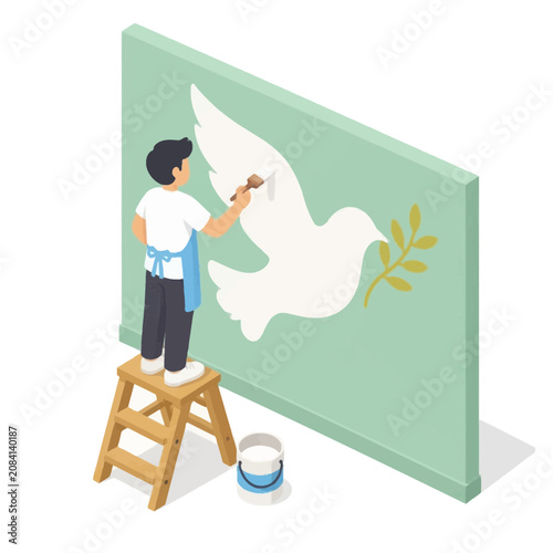 Isometric vector illustration of a male artist on a wooden stepladder painting a large white dove of peace with a yellow olive branch on a mint green wall backdrop.