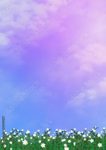 A serene field of white flowers and green leaves sits under a dreamy pastel sky, blending soft purple, pink, and blue tones for a magical vibe.

