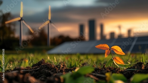Sustainable future growth: a sprout emerges against a backdrop of renewable energy sources