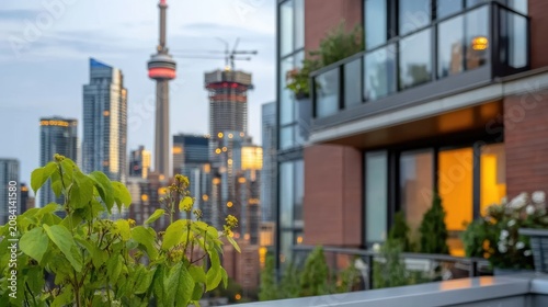 Toronto cityscape backdrop behind modern apartment building balconies at twilight hour