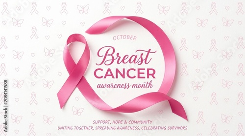Breast Cancer Awareness Month Pink ribbon breast cancer awareness month graphic with butterfly pattern background for support hope and community message