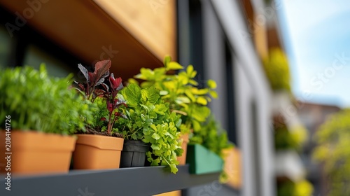Urban balcony garden with diverse potted plants creating a refreshing and inviting atmosphere