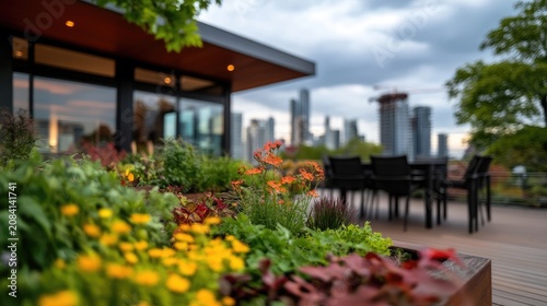 Urban oasis: A rooftop garden with vibrant flowers and a cityscape backdrop evokes tranquility and