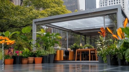 Urban oasis: Modern conservatory with lush tropical plants and cityscape backdrop offers a