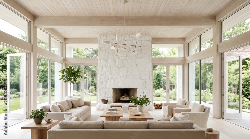Obraz premium Modern living room interior with white stone fireplace and large windows