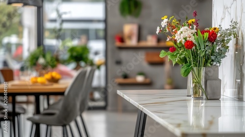 Vibrant floral bouquet centerpiece accentuating a modern minimalist kitchen decor setting