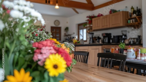 Vibrant flower arrangement centerpiece graces a rustic wooden table in a cozy farmhouse kitchen