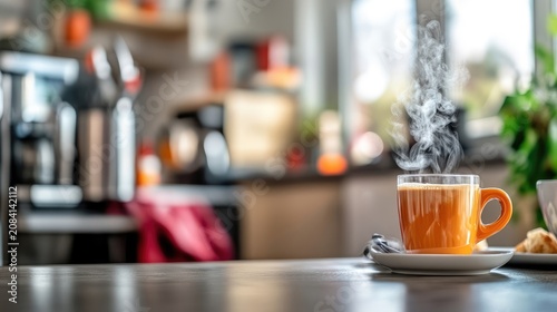 Warmth of Morning Coffee: A Fresh Brew in a Cozy Kitchen Environment with Steam