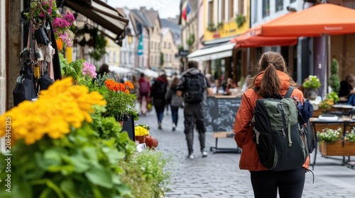 Wanderlust on European streets: A woman explores a vibrant town full of life and flowers