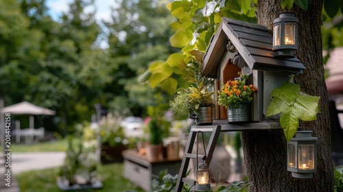 Whimsical Treehouse Retreat: A Cozy Birdhouse Adorned with Lanterns and Floral Accents in the Garden