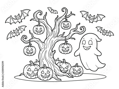 Halloween coloring page for kids with a spooky tree, cute ghost, bats and carved jack o lanterns
