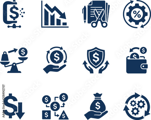 Financial crisis and economy icons set, 12 blue vector symbols for inflation and budget cuts, business bankruptcy and market crash graphics