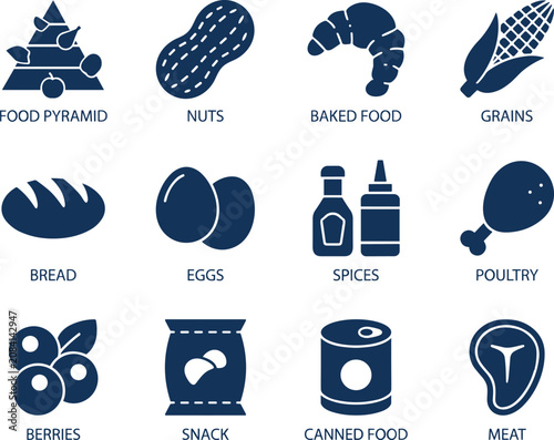 Healthy food icons set, 12 flat vector symbols for nutrition and diet, dark blue food pyramid and grocery items for menu design