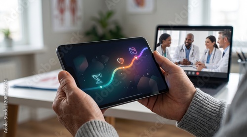 Close up of hands holding tablet with glowing neon wave data display, with group video call of diverse medical team visible on laptop screen in background, representing telehealth concept.