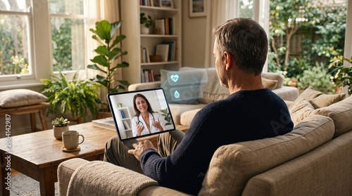 Mature man sitting on home sofa having telehealth video consultation with smiling female doctor on tablet, with floating digital health monitoring icons showing heart rate and lung data.