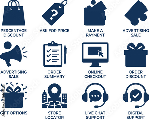 E-commerce shopping icons set, 12 retail and customer service vector symbols, navy blue business marketing graphics for online checkout and digital support