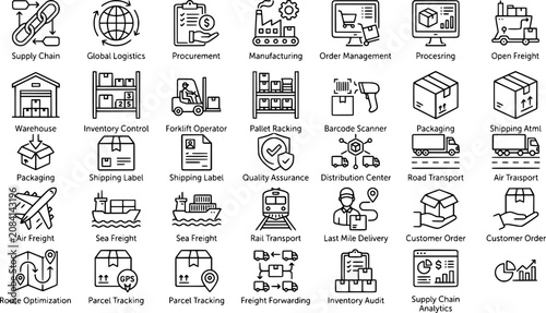 Supply chain icon set in outline style. Collection of supply chain, logistics, distribution, inventory, warehouse, and transportation icons. Editable stroke. Vector icon collection.