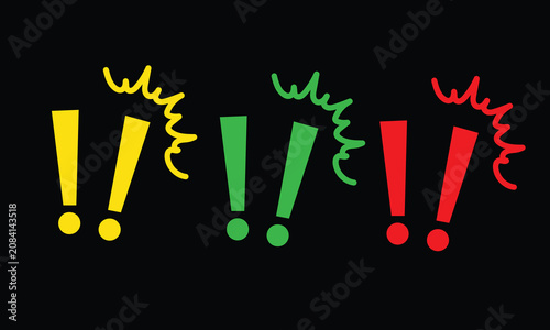 Vibrant multi color exclamation marks grid on black background, bright pop art warning alert icons chart, high contrast sketched punctuation symbols bundle for alternative poster layouts