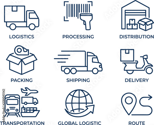 Logistics and shipping line icons set, 9 delivery and distribution vector elements, global transportation and warehouse processing symbols