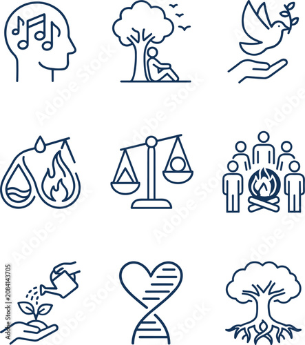 Mental health and wellness line icons set, 9 vector symbols for mindfulness and psychology, therapy and self care concept illustrations