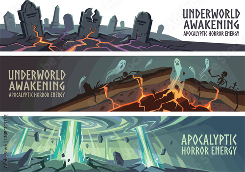 Bild auf Leinwand Underworld awakening apocalyptic horror banner set featuring graveyard tombstone