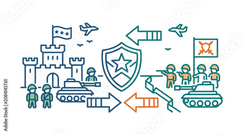 Fotografia Military conflict and defense strategy illustration with soldiers tanks and castle