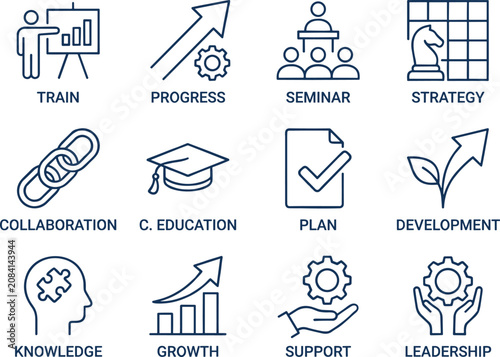 Business training and professional development icons, set of 12 thin line vector symbols, corporate education and leadership growth graphics