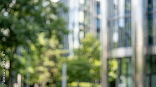 Abstract blurred modern office building with green tree bokeh background for corporate design.