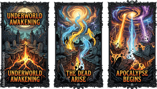 Schilderij op canvas Underworld awakening gothic card set featuring spooky graveyards rising phantoms