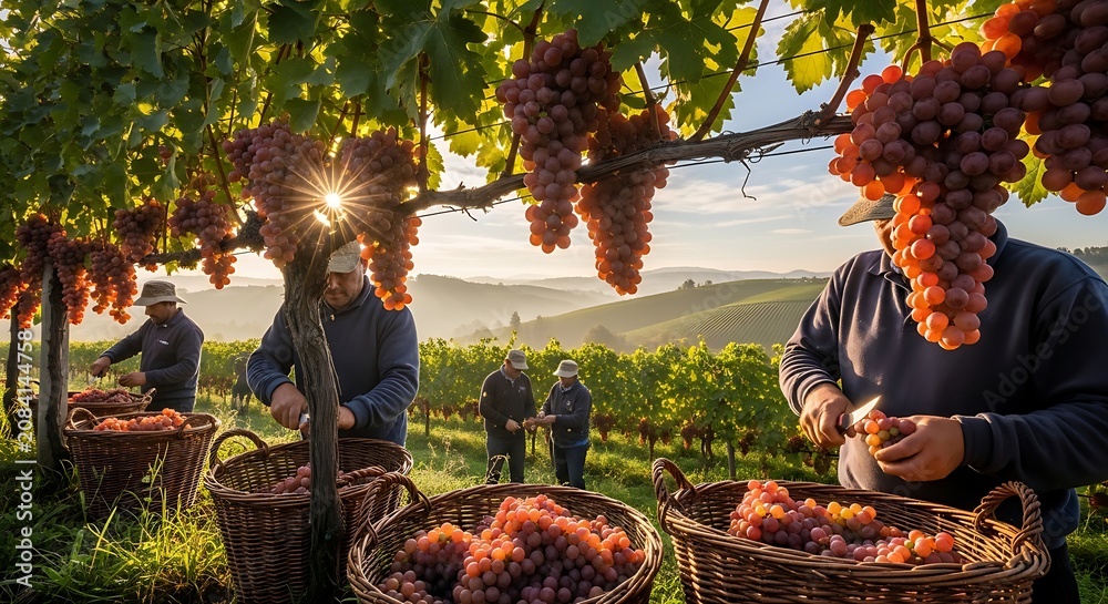 Obraz premium Vibrant Vineyard Scene During Sunset Harvest with People Picking Grapes.