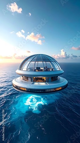 A futuristic ocean dome floats above water