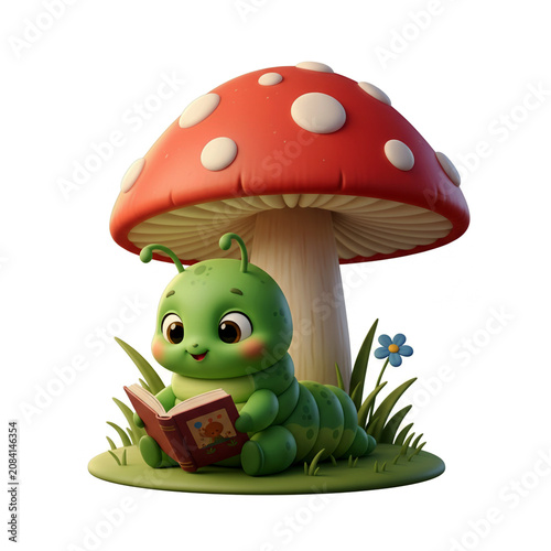 Cute Green Caterpillar Reading a Book Under a Large Red Mushroom