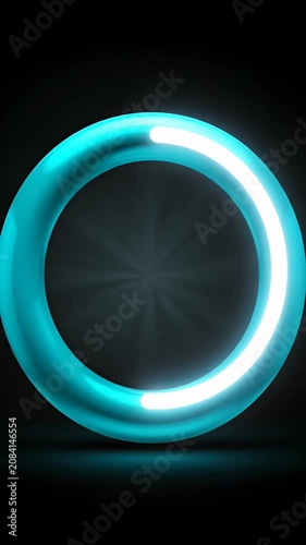 Abstract blue neon glowing ring on black.
