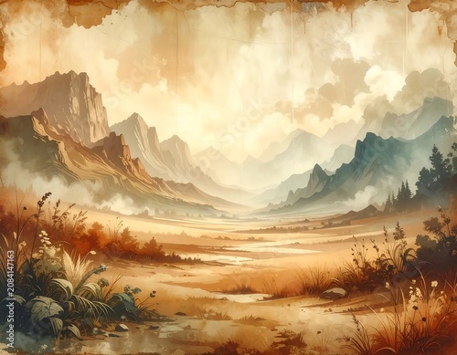 A landscape painting depicts a valley flanked by mountains under a hazy, colorful sky. The style is reminiscent of watercolor