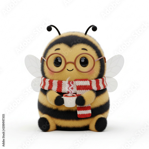 Adorable fuzzy bumblebee character wearing round glasses and a cozy striped winter scarf while holding a steaming white mug of hot tea in a cute three dimensional style isolated on a white background.