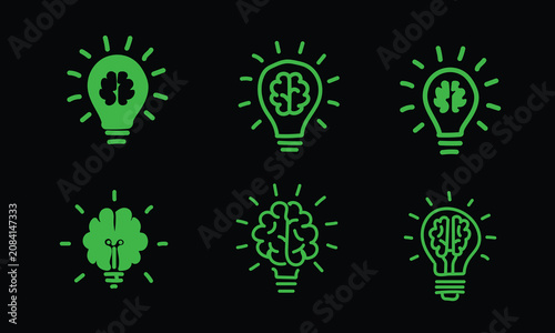 Vibrant neon green human brain lightbulb icons grid on black background, toxic green smart solution technology graphics chart, biological structure digital interface presentation vector pack