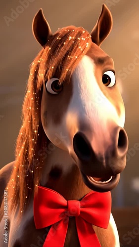 Brown horse wearing festive red bow tie.