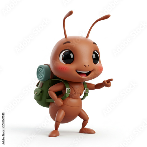 Cute Cartoon Hiker Ant Wearing a Backpack and Pointing ahead