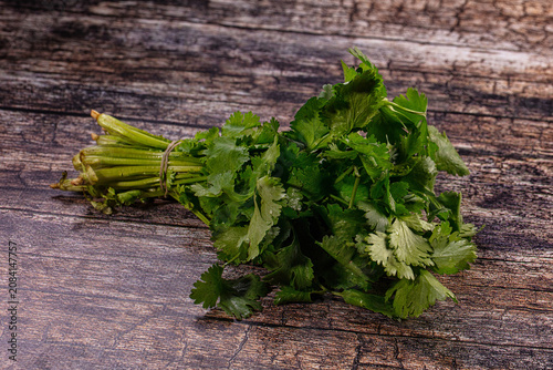 Fotografie Fresh cilantro bunch on rustic wooden surface