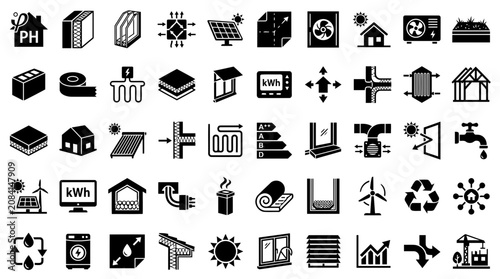 Set of sixty flat energy efficient home and eco friendly building icons in black style.