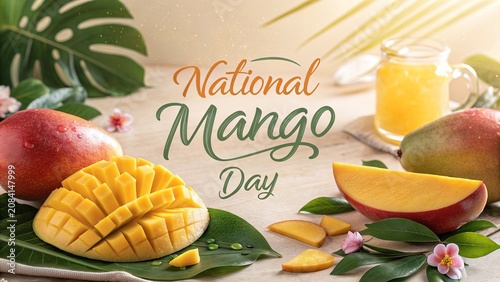 National Mango Day design with fresh mango juice and tropical fruit splash.

