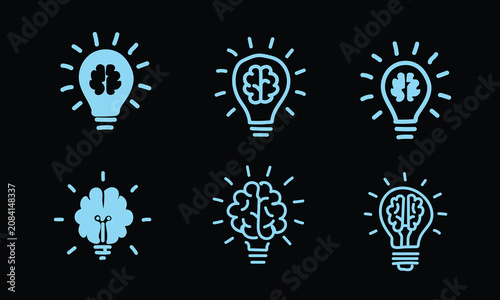 Light blue human brain lightbulb icons matrix on black background, glowing cyan mental power psychology symbols chart, cyber style neurology technology vector graphics pack