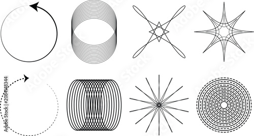 Minimalist geometric line art set, 8 abstract circular vector shapes, black and white spirograph patterns for modern graphic design and branding
