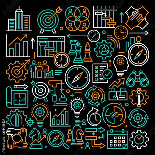 Business strategy icons set on a dark black background