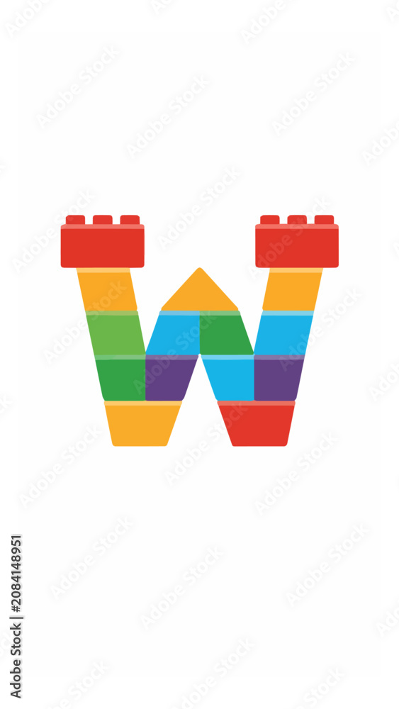 Fototapeta premium Colorful Lego W Letter in Bright Primary Colors for Kids Play and Education