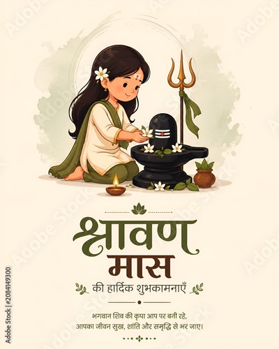 Illustration of a girl offering prayers to shiva linga during the holy month