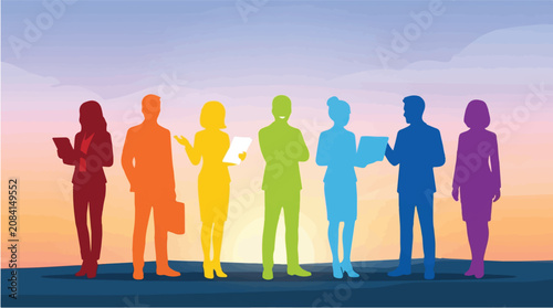 Diverse people silhouettes in rainbow colors standing together