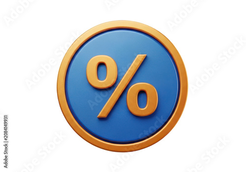 Round 3D blue percentage icon with metallic gold border for sales and deals
