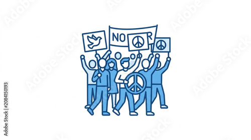 Schilderij op canvas Protestors holding signs and peace symbols advocating for peace and no war