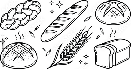 Konstfotografi Bakery bread vector icon set with baguette loaf wheat challah bun line art graph